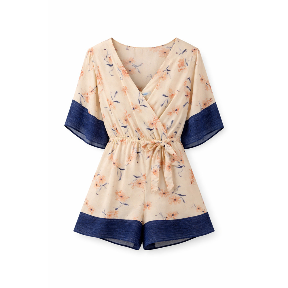 Bailey Blue Floral Boho Romper Shorts Tie Waist Kimono Sleeve Cream Blue Small